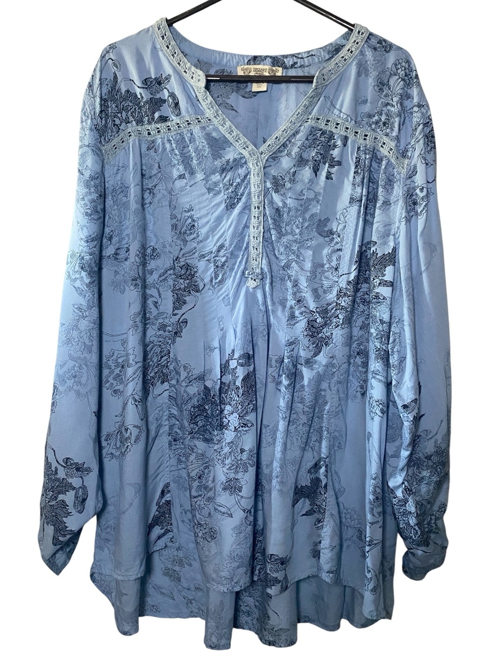 Vintage America Boho Tunic Top Women XXL Blue Crochet Neckline Long Sleeve Shirt
